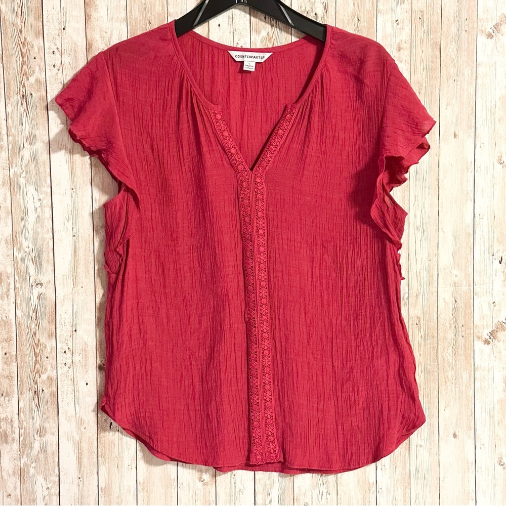 Counterparts V-Neck Ruffle Cap Sleeves Embellished Lace Hot Pink Top Size Large